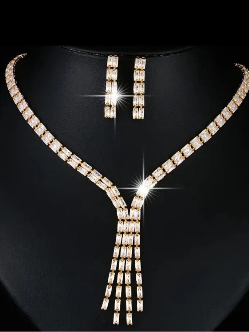 Rectangle Radiant Cut Cz Diamond Tennis statement Necklace Earring Set Gold